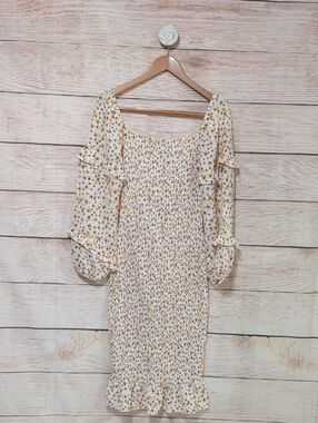 PrettyGarden Chic White Smocked Midi Dress with Yellow & Blue Floral Medium